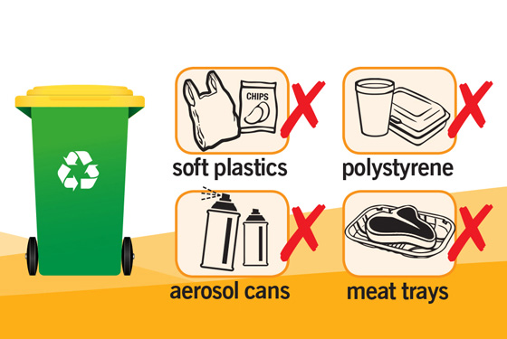 soft plastics, polystyrene, aerosol cans and meat trays are not allowed in the recycling bin in WA