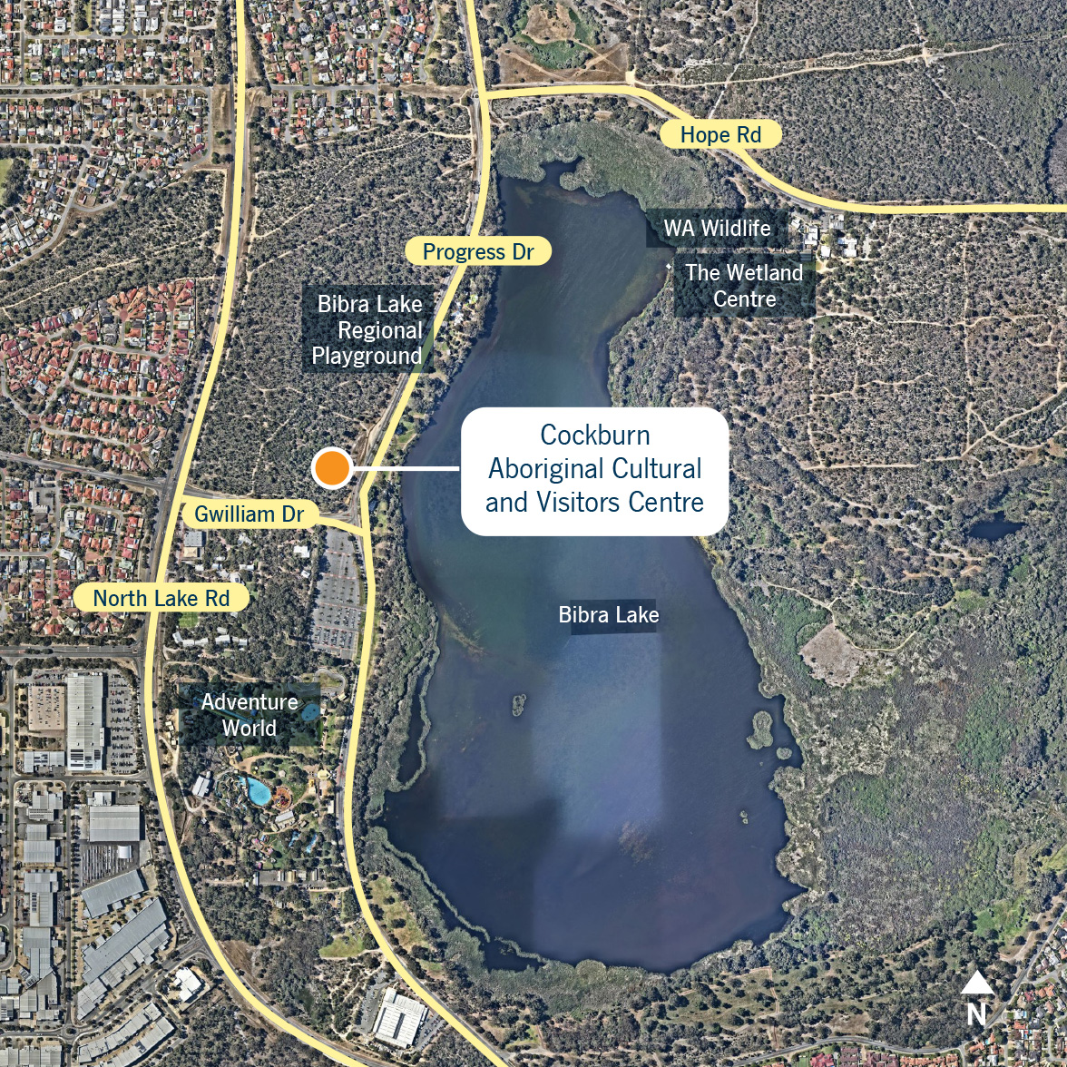 Map of Bibra Lake and the location of the Cockburn Aboriginal Visitors Centre